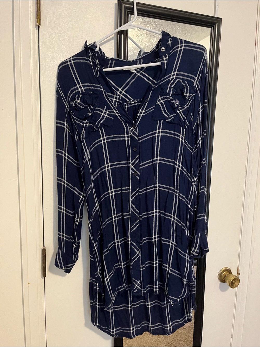 Plaid Navy and White Long Sleeve Button Front Tunic